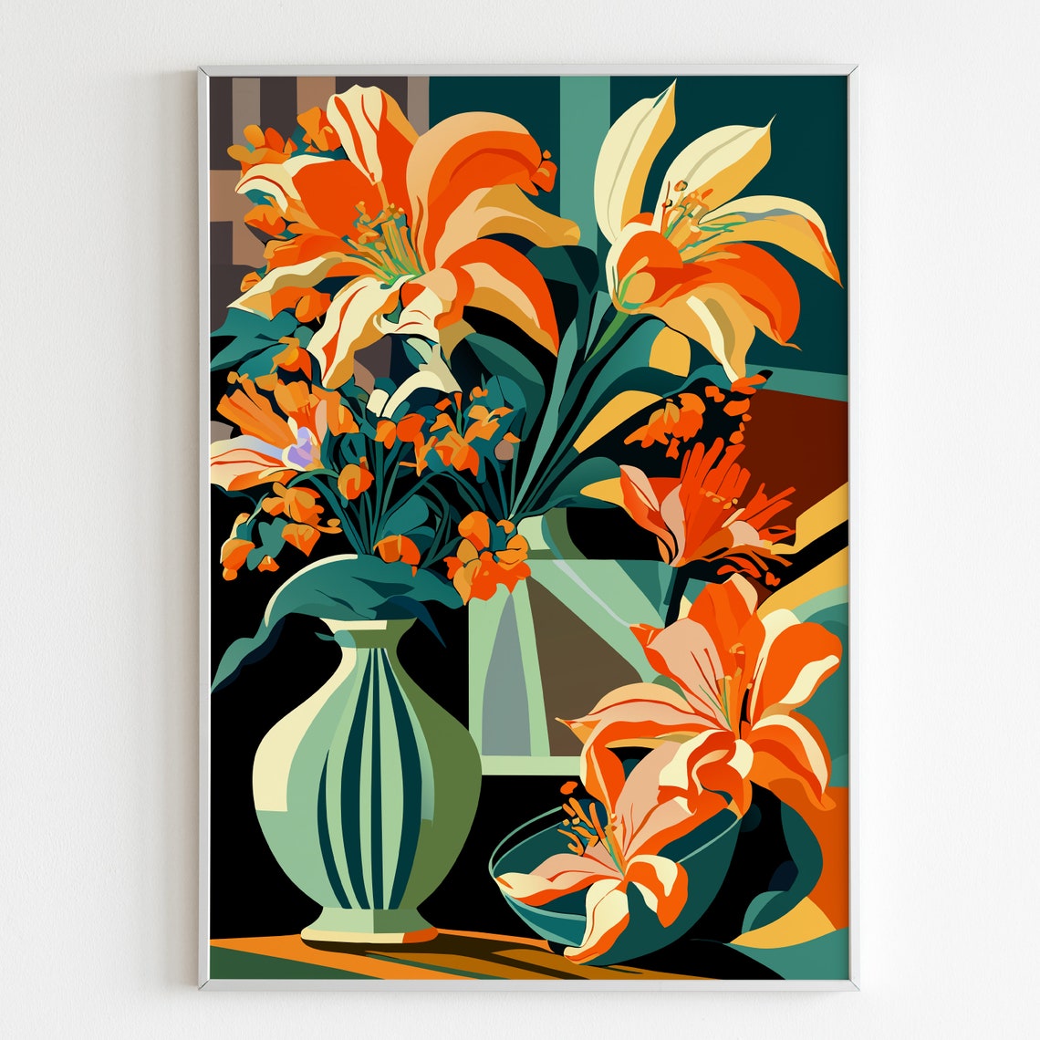 Fiery Orange Lilies In A Vase Dramatic Floral Illustration Poster