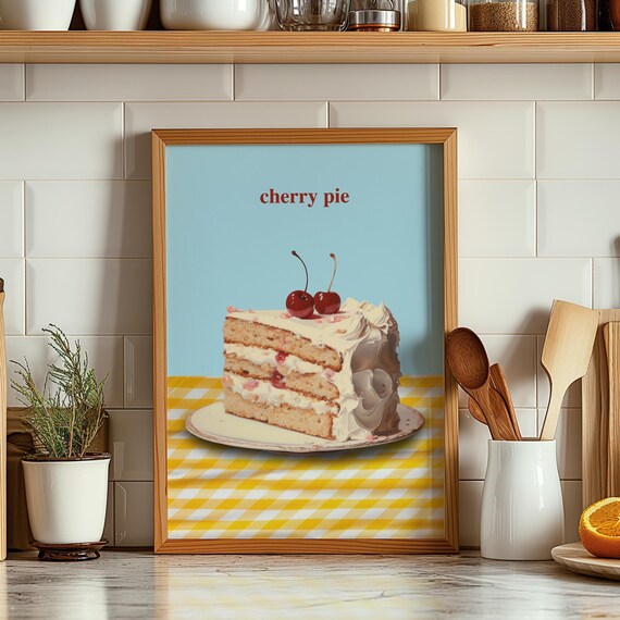 Retro Cherry Pie Layered Cake Cherries Gingham Kitchen Decor Poster