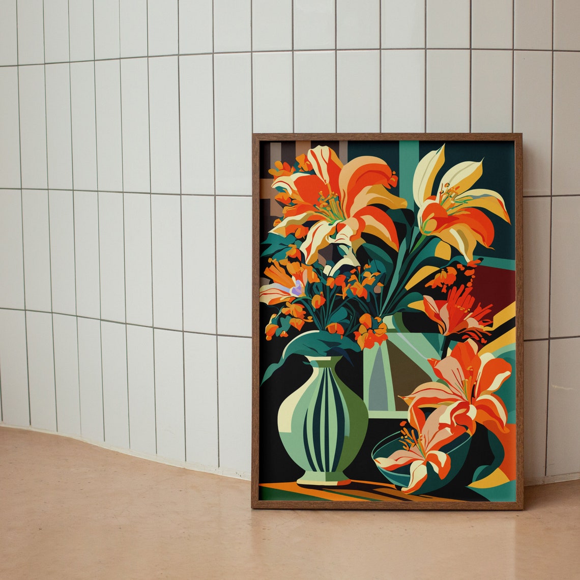 Fiery Orange Lilies In A Vase Dramatic Floral Illustration Poster - Image 2