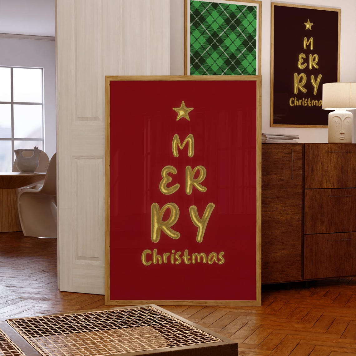 Merry Christmas Gold Balloon Tree Shape Letters Red Holiday Poster - Image 3