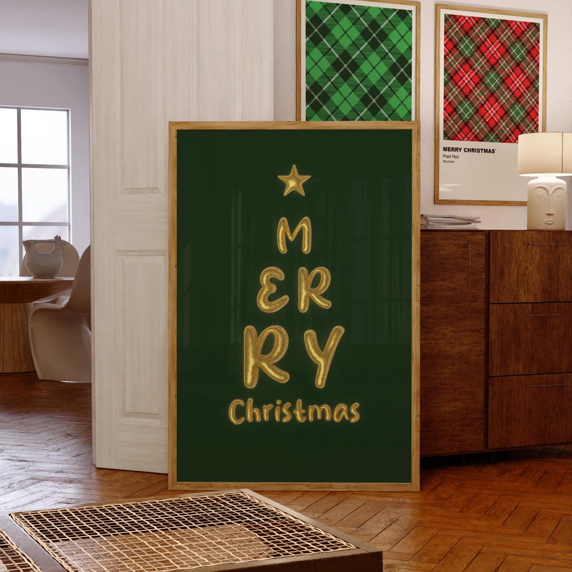 Merry Christmas Gold Balloon Tree Letters Deep Green Holiday Poster - Image 2