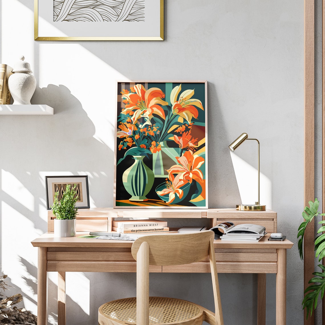 Fiery Orange Lilies In A Vase Dramatic Floral Illustration Poster - Image 3