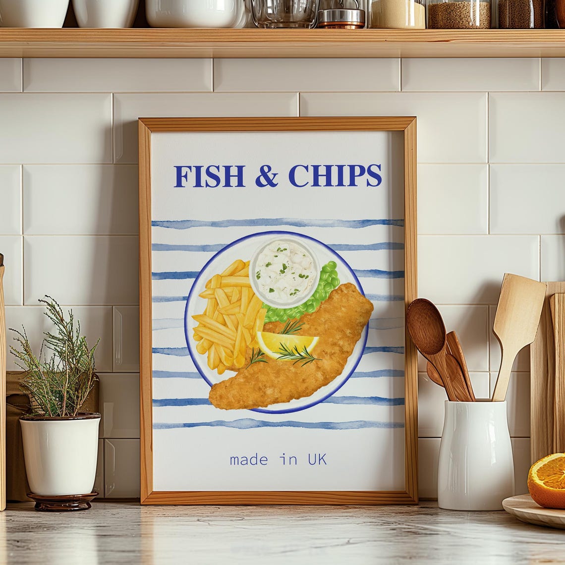Fish And Chips Made In UK Retro Pub Food Diner Kitchen Art Poster
