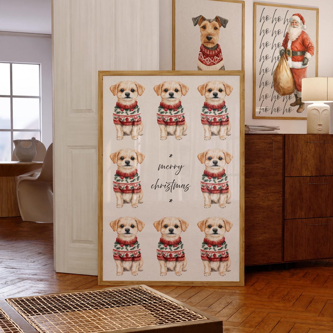 Christmas Puppies in Festive Sweaters Cute Watercolor Dog Wall Art - Image 7