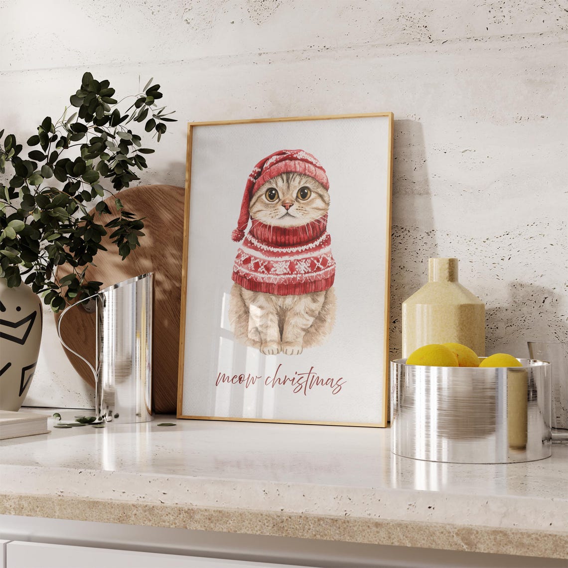 Meow Christmas Kitten Red Sweater Watercolor Cute Holiday Cat Poster - Image 4