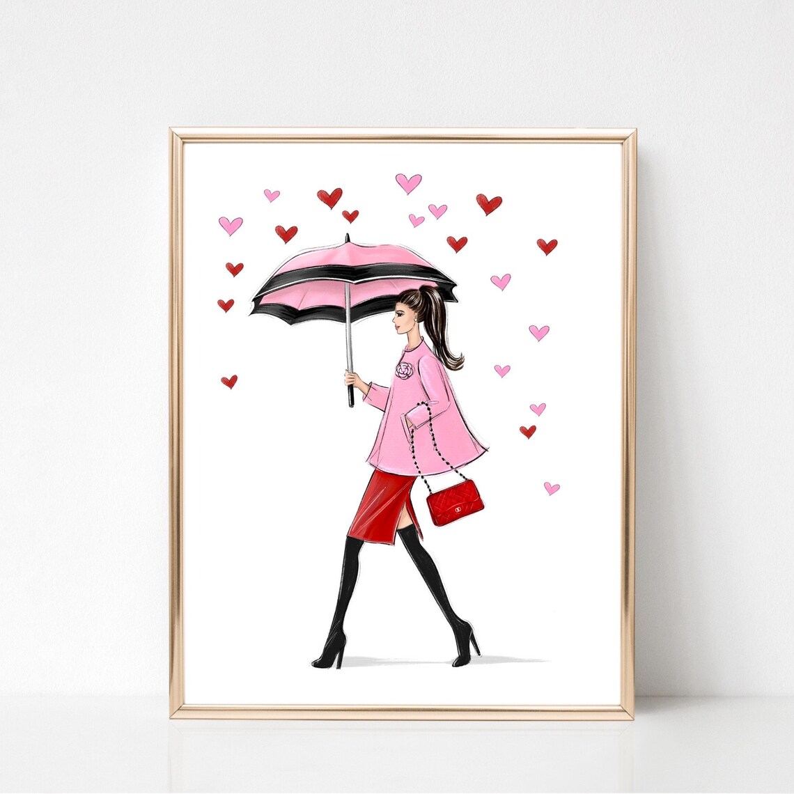 Pink Umbrella Girl with Hearts Valentine Fashion Illustration Poster - Image 3