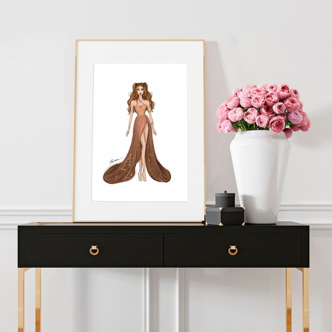 Golden Bronze Constellation Gown Fashion Illustration Poster - Image 3