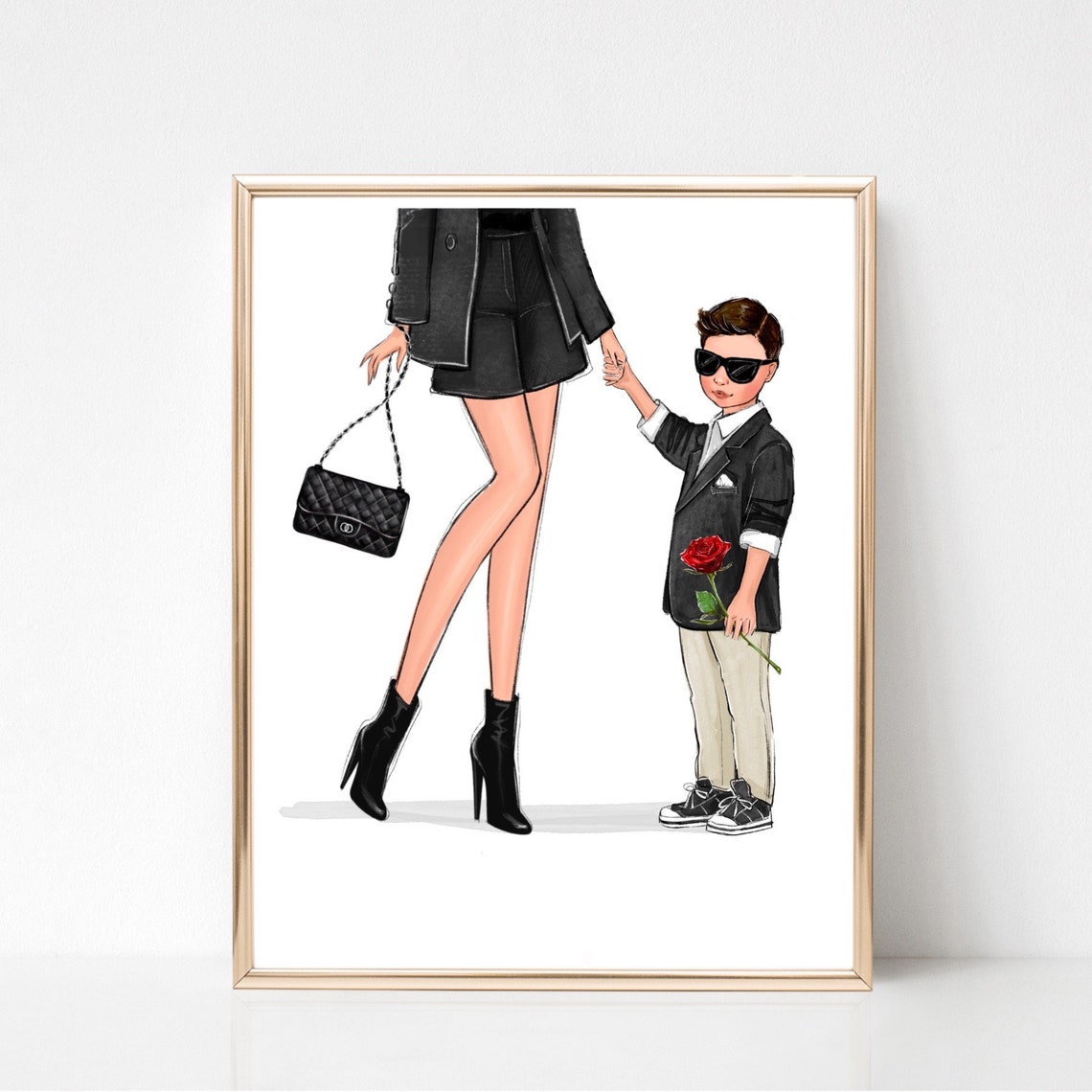 Mother and Son Fashion Illustration with Red Rose Gift Poster - Image 2