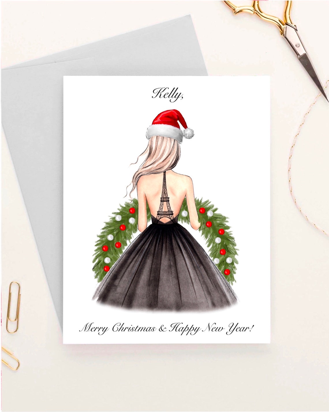 Personalized Christmas Card Santa Hat Eiffel Tower Fashion Girl Poster - Image 2