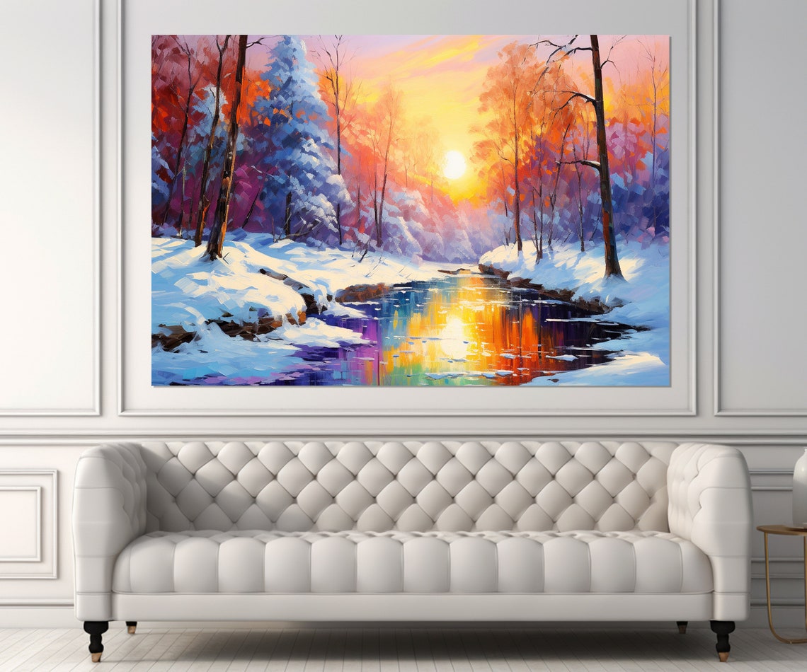 Winter Forest River Sunset Snow Colorful Reflection Wall Poster - Image 2