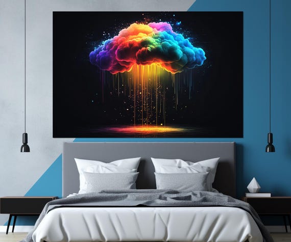 Abstract Rainbow Colored Rainy Cloud Print Contemporary Colorful Wall Art Cloud Art Clouds Wall Art Framed Ready To Hang