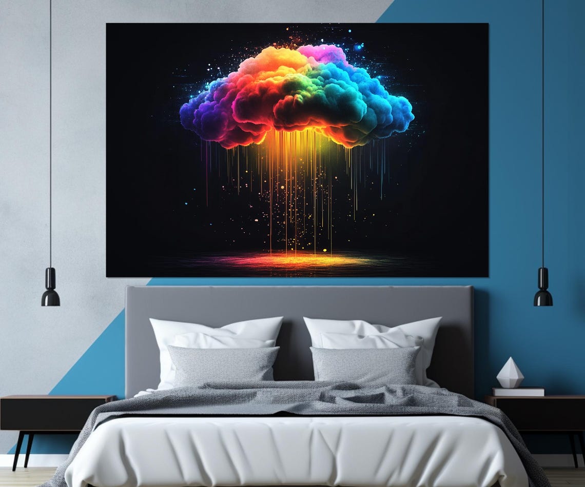 Abstract Rainbow Colored Rainy Cloud Print Contemporary Colorful Wall Art Cloud Art Clouds Wall Art Framed Ready To Hang