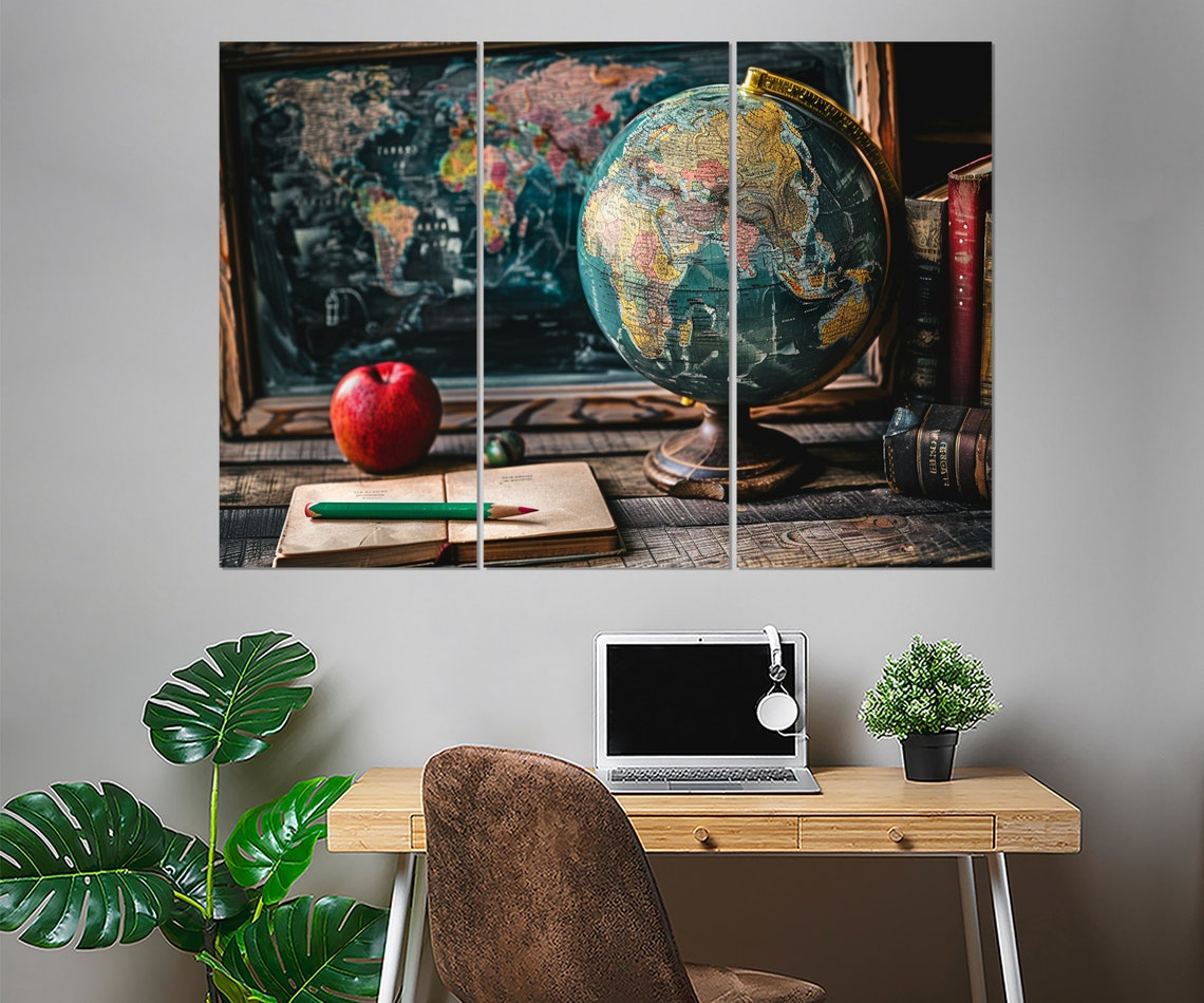 Vintage World Map Antique Globe Red Apple Notebook Travel Desk Poster - Image 4