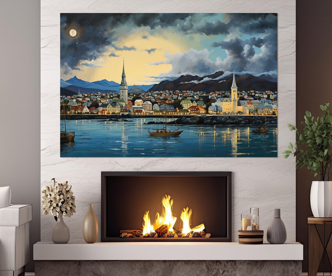 Reykjavik Iceland Harbor Night Moonlit Skyline Painting Travel Poster