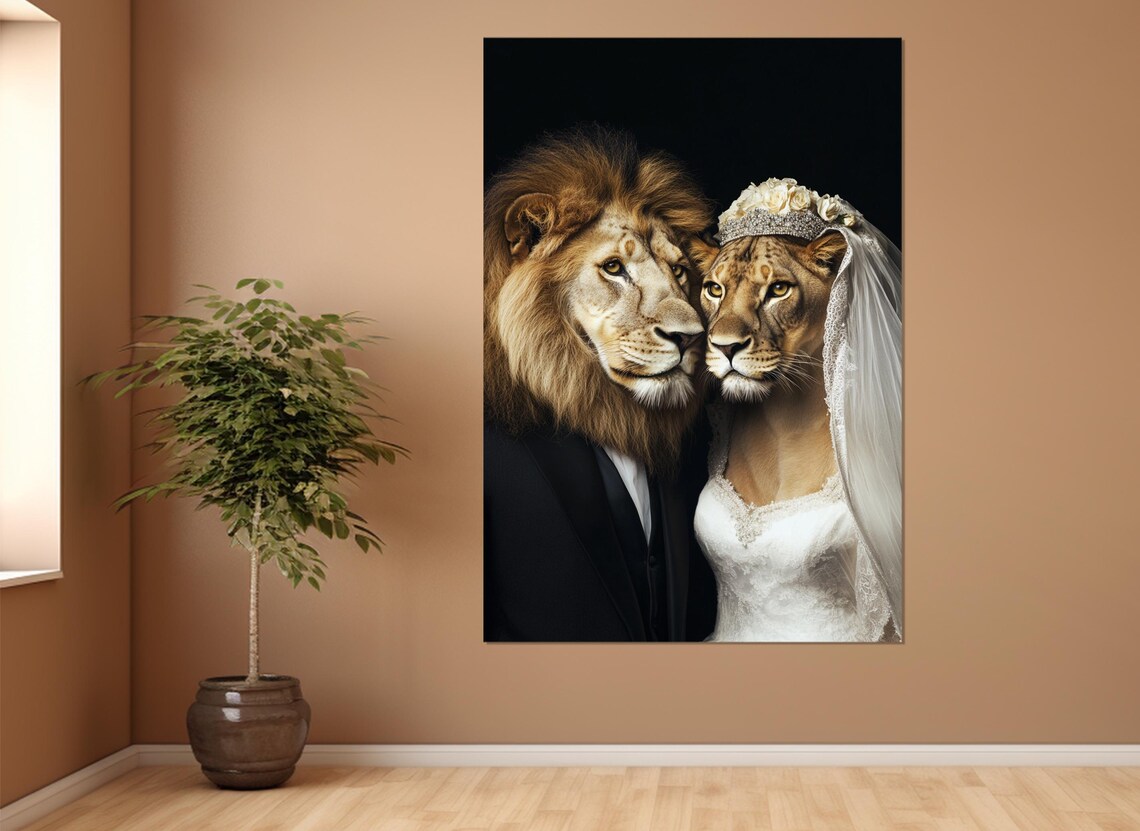 Lion Couple Wedding Portrait Tuxedo Bride Funny Animal Romance Poster