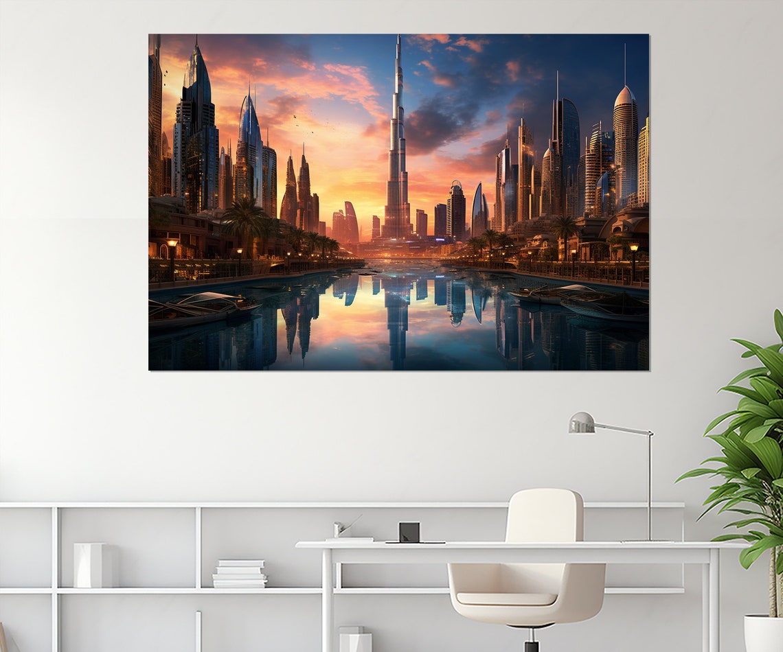 Dubai Skyline Sunset Burj Khalifa Water Reflection Cityscape Poster