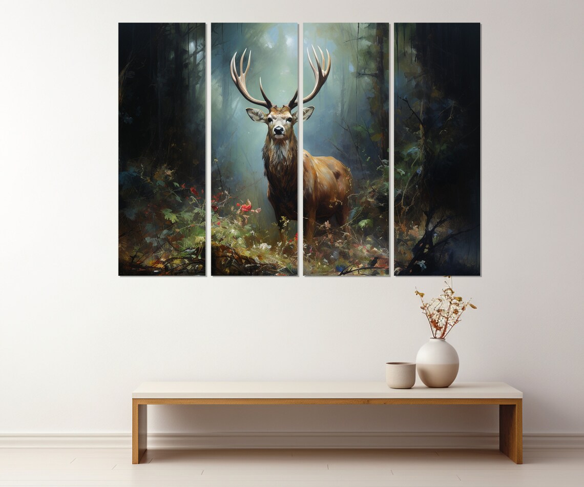 Majestic Stag Misty Forest Antlers Dappled Light Nature Wall Art Poster - Image 2