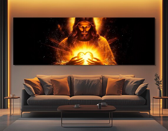 Jesus Holding Glowing Heart Cosmic Light Religious Faith Wall Art Poster