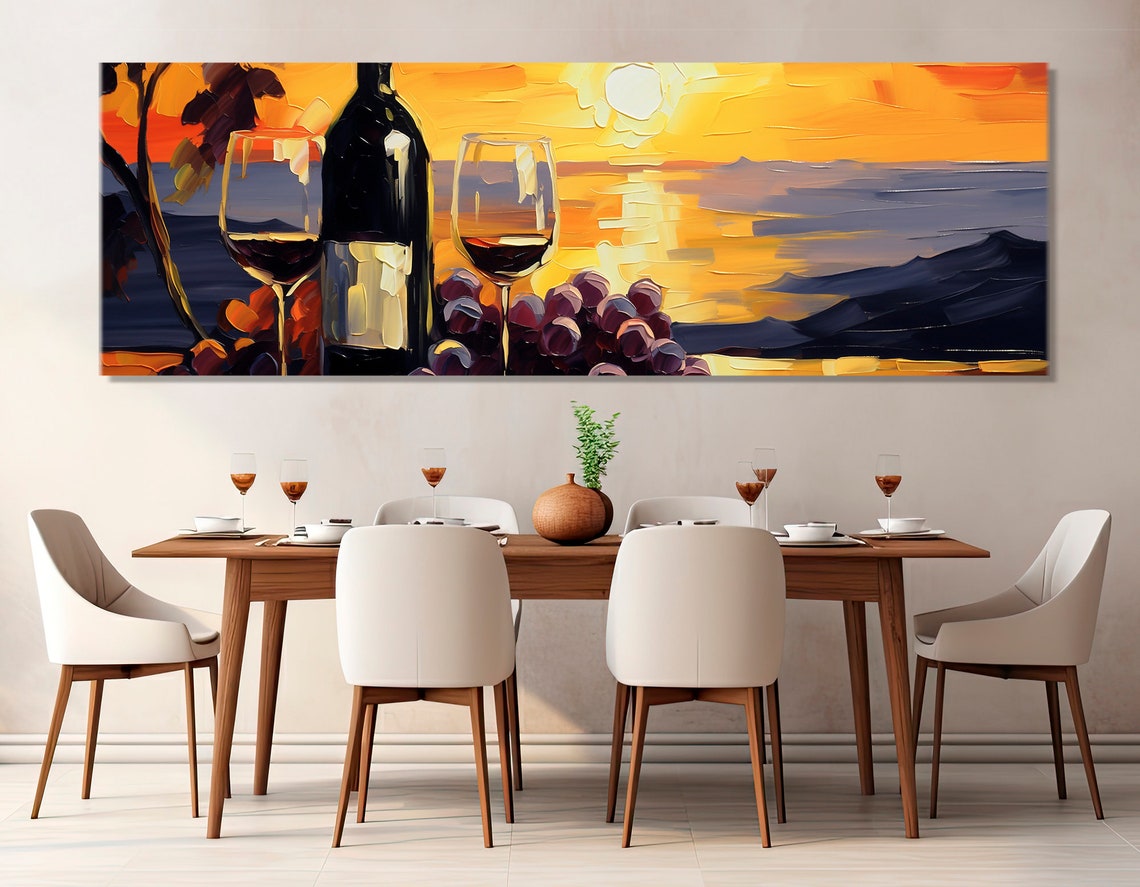 Wine Bottle Glasses Grapes Sunset Impasto Painting Kitchen Art Print