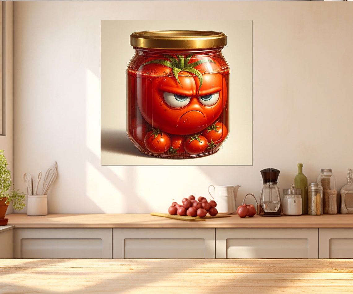 Angry Pickled Tomato Jar Funny Cartoon Vegetable Kitchen Wall Art - Image 4