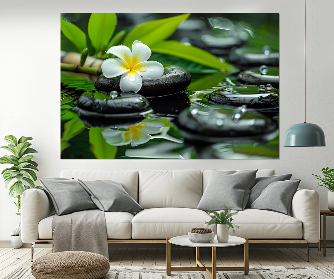White Plumeria Flower Zen Stones Water Drops Bamboo Spa Calm Poster - Image 2
