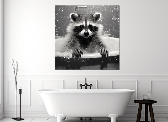 Cute Raccoon in Bubble Bath Black and White Funny Bathroom Poster