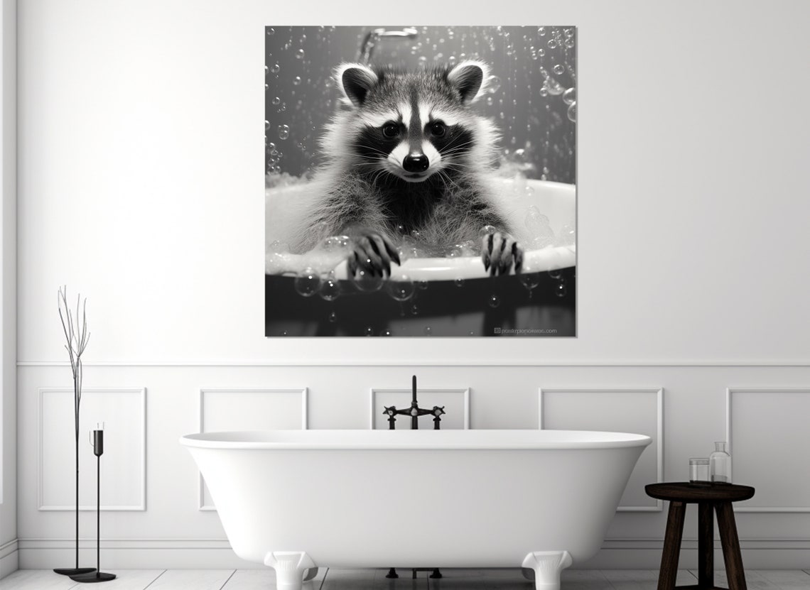 Cute Raccoon in Bubble Bath Black and White Funny Bathroom Poster