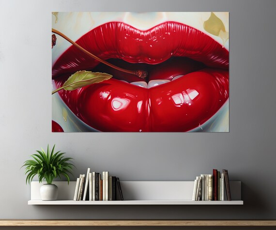 Red Cherry Lips Painting Print Erotic Lips Wall Art Beauty Studio Decor Fashion Wall Art Framed And Ready To Hang