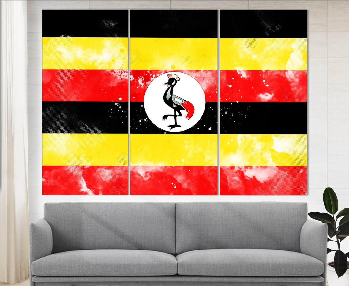 Uganda Flag Grunge Five Panel Canvas Black Yellow Red Crane Poster - Image 4