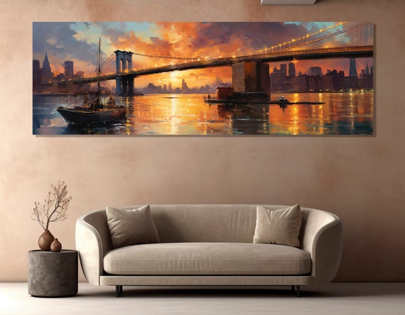 Vintage Brooklyn Bridge Painting Print Retro New York Wall Art Large New York Print Framed And Ready To Hang