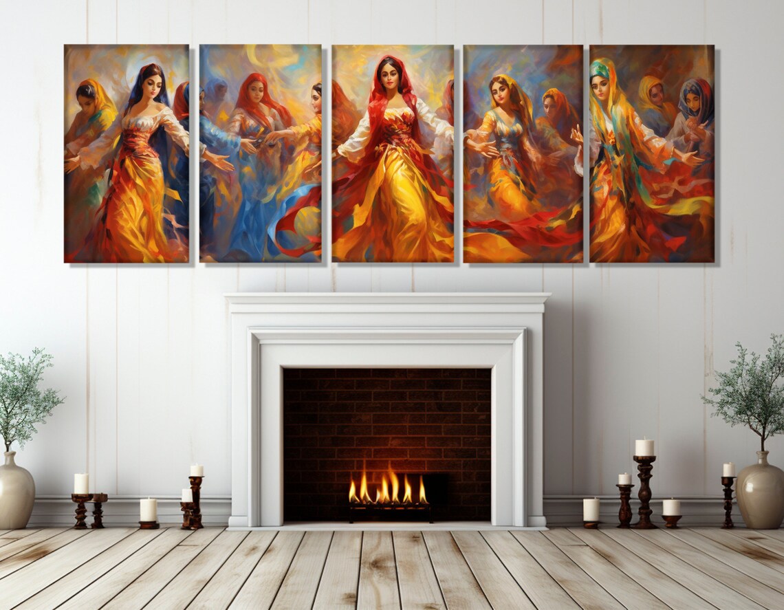 Folk Women Dancing Colorful Traditional Dresses Panoramic Celebration Art Poster - Image 3