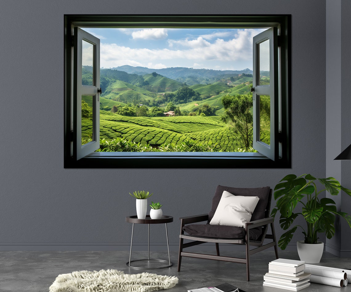 Open Window With Ceylon Tea Fields View Print Tea Wall Art Tea Print Framed And Ready To Hang