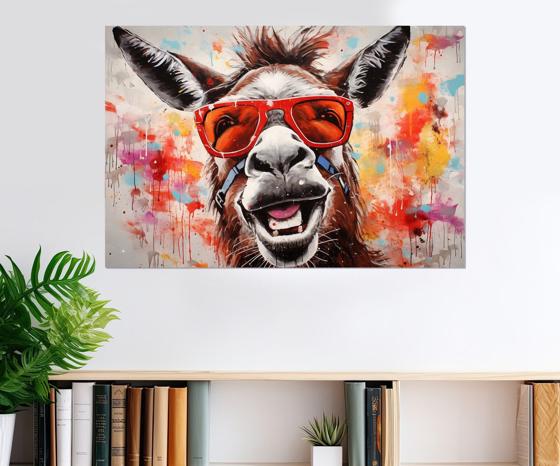 Smiling Donkey Wearing Red Sunglasses With Paint Splashes Poster