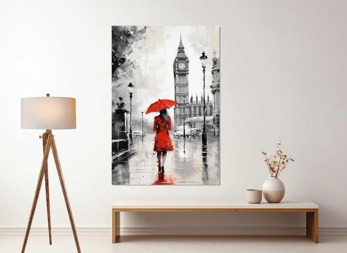 Scenic London Painting Print Woman In Red With Umbrella In London Wall Art Abstract London Poster Framed And Ready To Hang