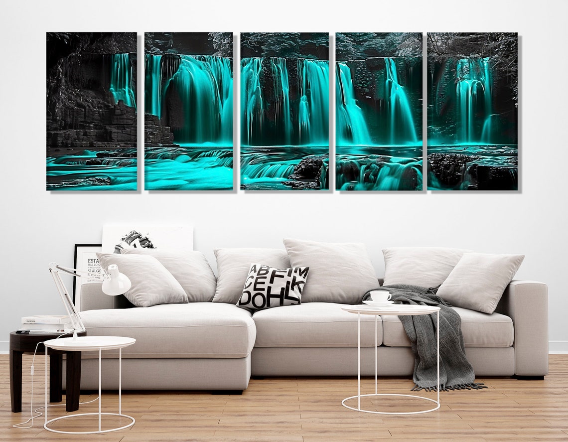 Cyan Glow Waterfall Cascading Dark Rocks Long Exposure Nature Poster - Image 3