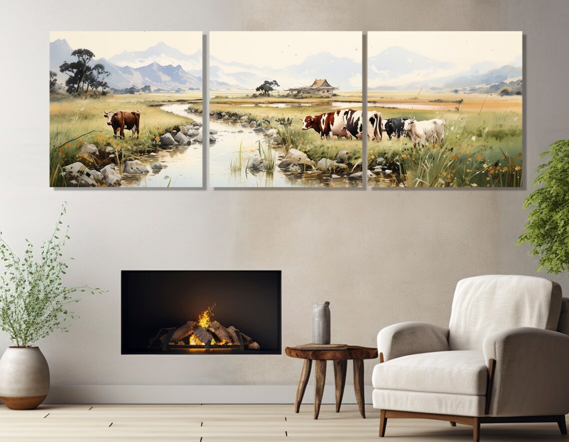Cows Grazing By Mountain Stream Watercolor Meadow Farm Scene Poster - Image 4