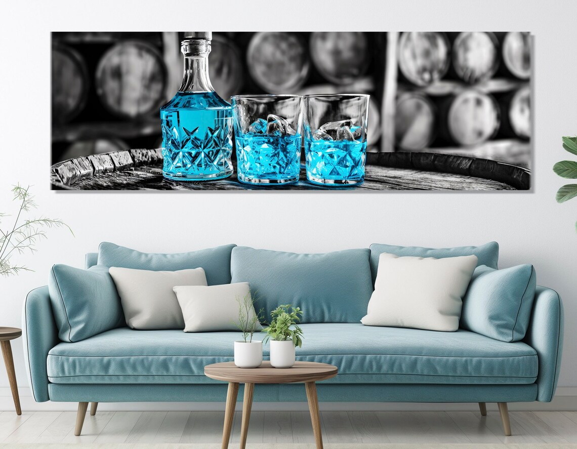 Blue Curacao Cocktail Bottle and Glasses on Barrel Bar Art Panoramic Wall Art Print - Image 4