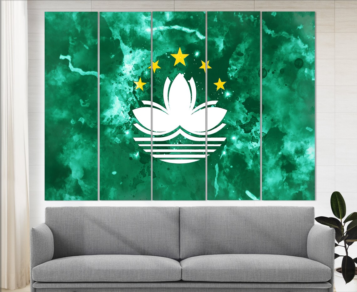 Macau Flag Watercolor Green Lotus Gold Stars Canvas Wall Art Poster - Image 4