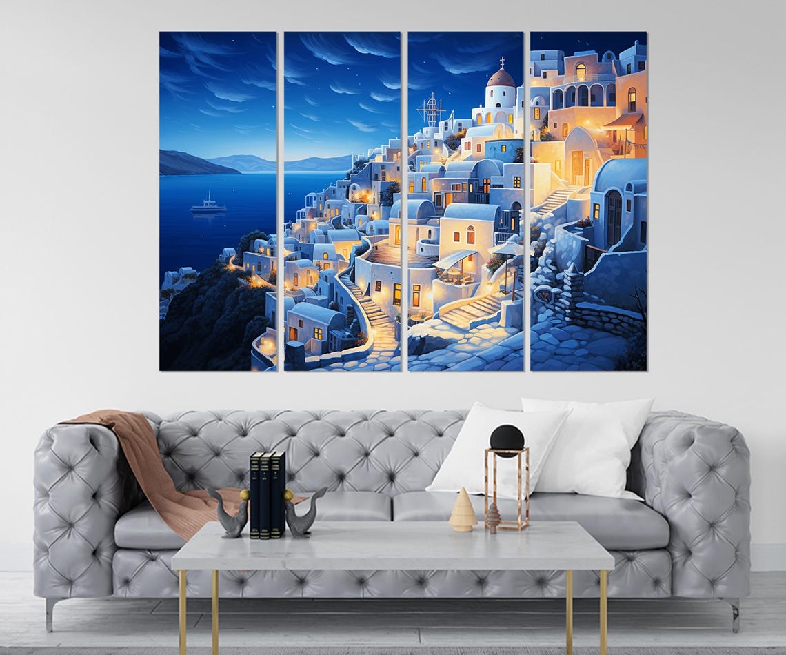 Santorini Greece Oia White Village Night Lights Blue Dome Poster - Image 2