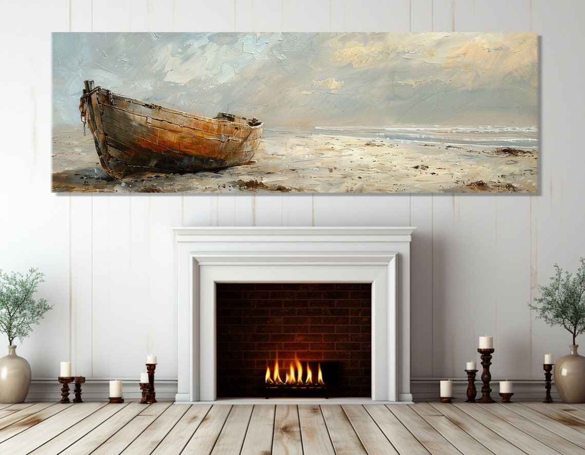 Weathered Old Boat On Pale Beach Soft Neutral Seascape Print