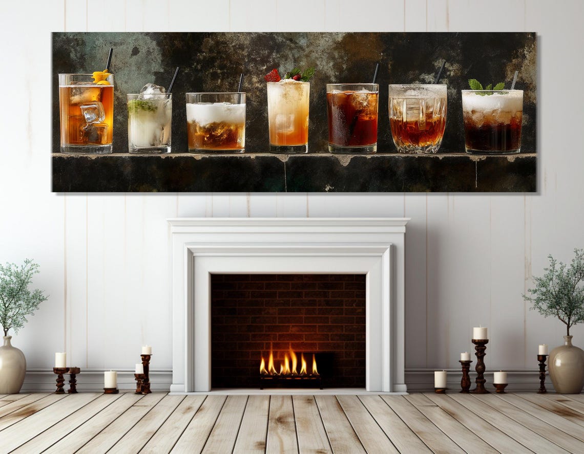 Cocktails Row Dark Bar Ledge Colorful Drinks Panoramic Wall Poster - Image 3