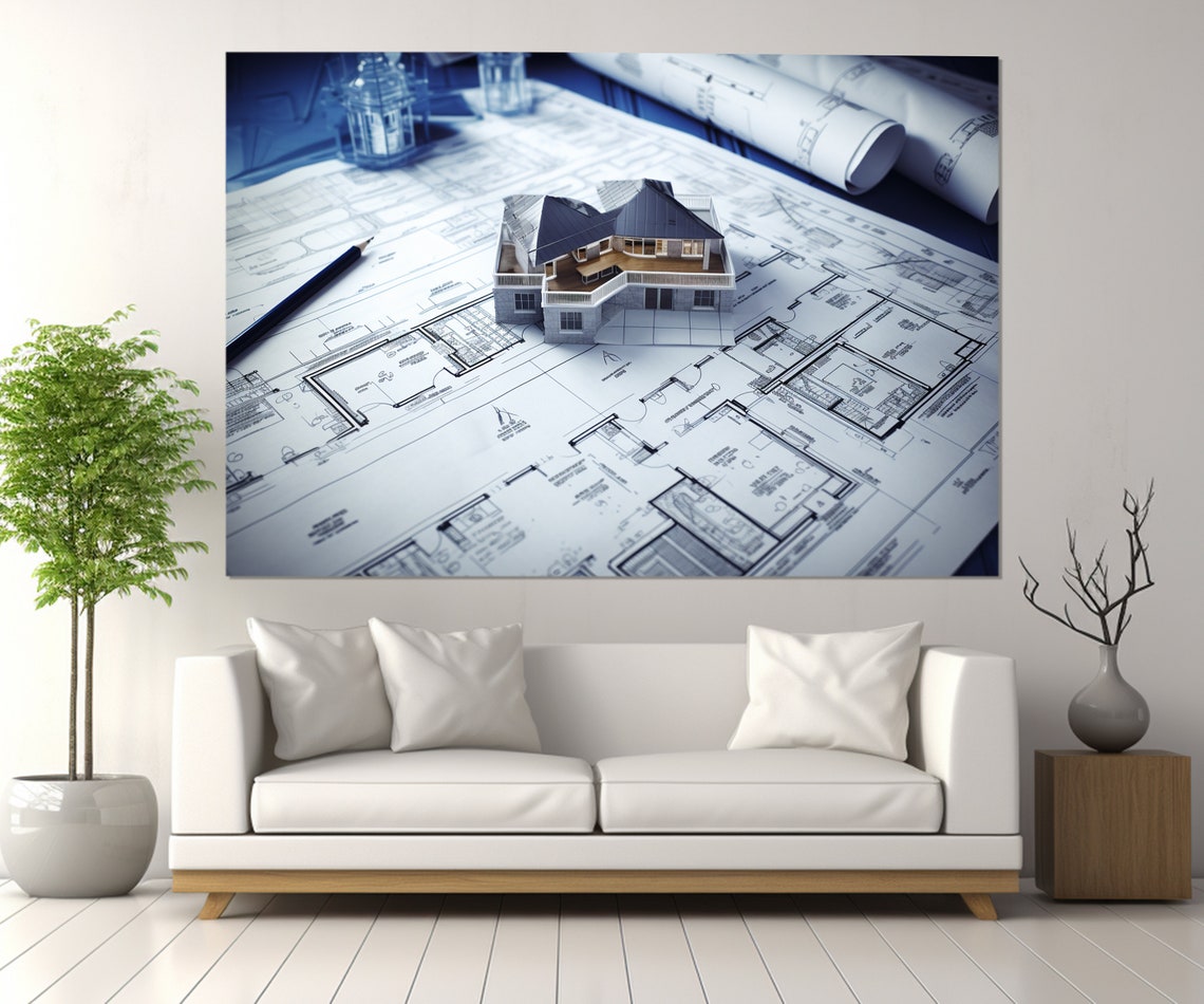 Architectural Blueprint Floor Plan With 3D House Model Wall Art Print