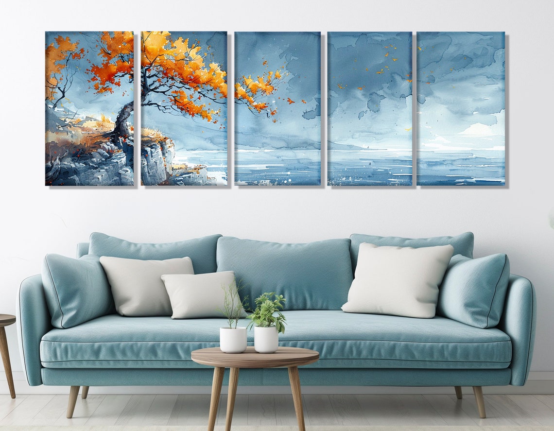 Lonely Orange Autumn Tree On Windy Ocean Cliff Watercolor Poster - Image 2
