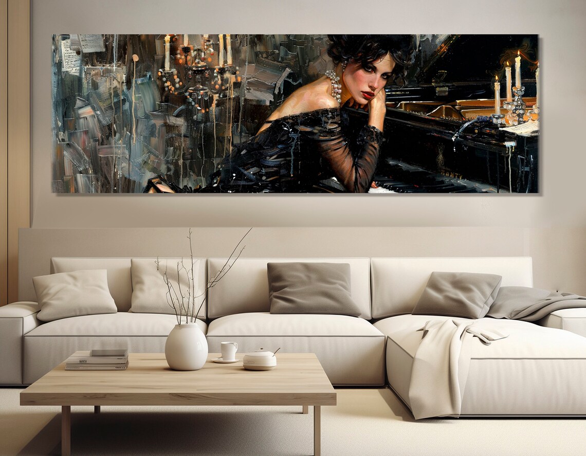 Elegant Woman In Black Dress At Grand Piano Candlelight Print - Image 3