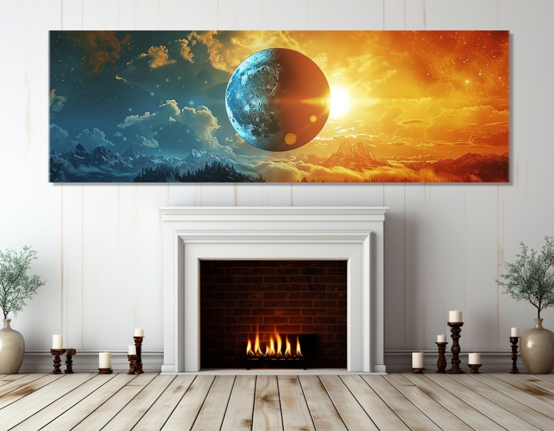 Day Night Split Sun Moon Planet Mountain Sky Cosmic Art Poster
