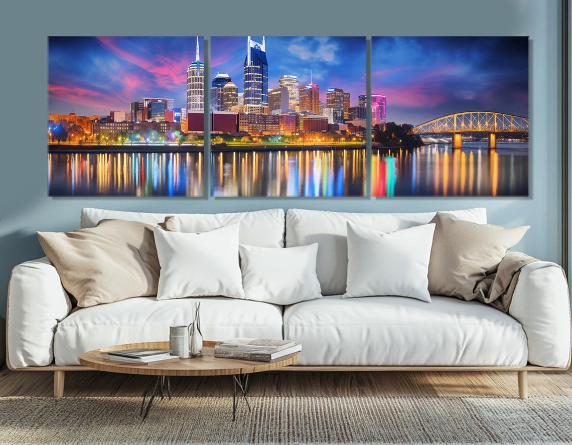 Nashville Skyline At Dusk With Cumberland River Lights Bridge Poster - Image 4
