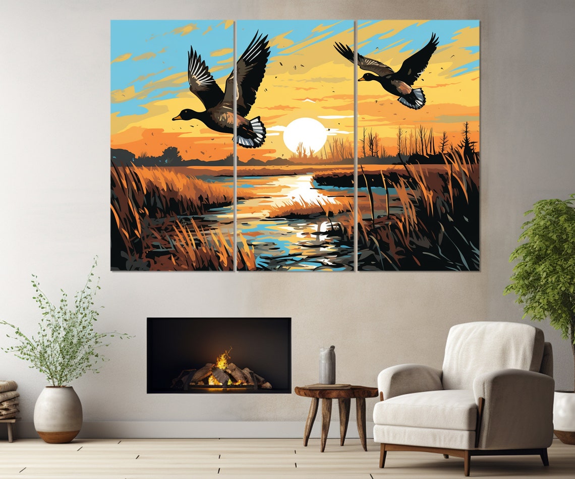 Ducks Flying Sunset Marsh Pop Art Orange Lake Wildlife Wall Art - Image 2
