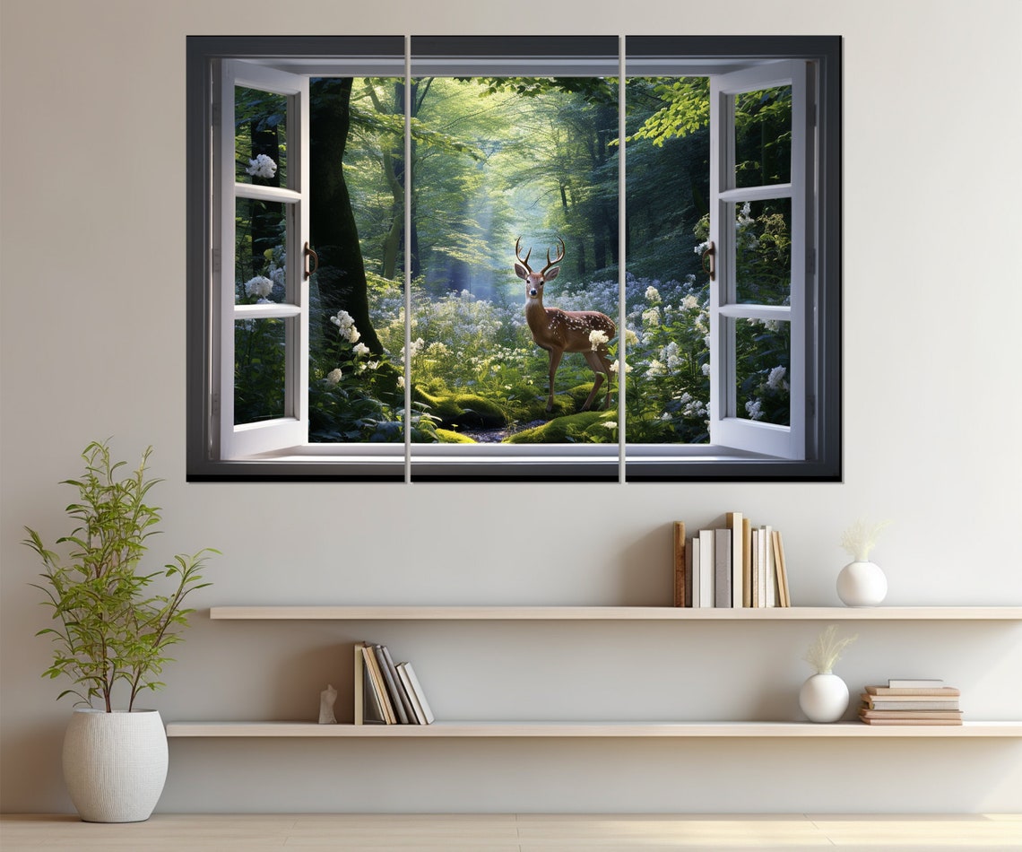 Stag With Antlers In Spring Forest Faux Window Blooming View Poster - Image 4