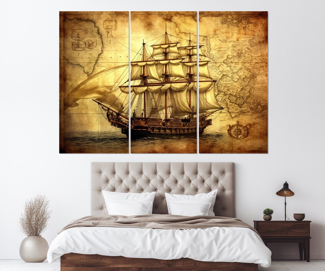Old Sailboat on Vintage Map, Nautical Wall Art Print - Image 4
