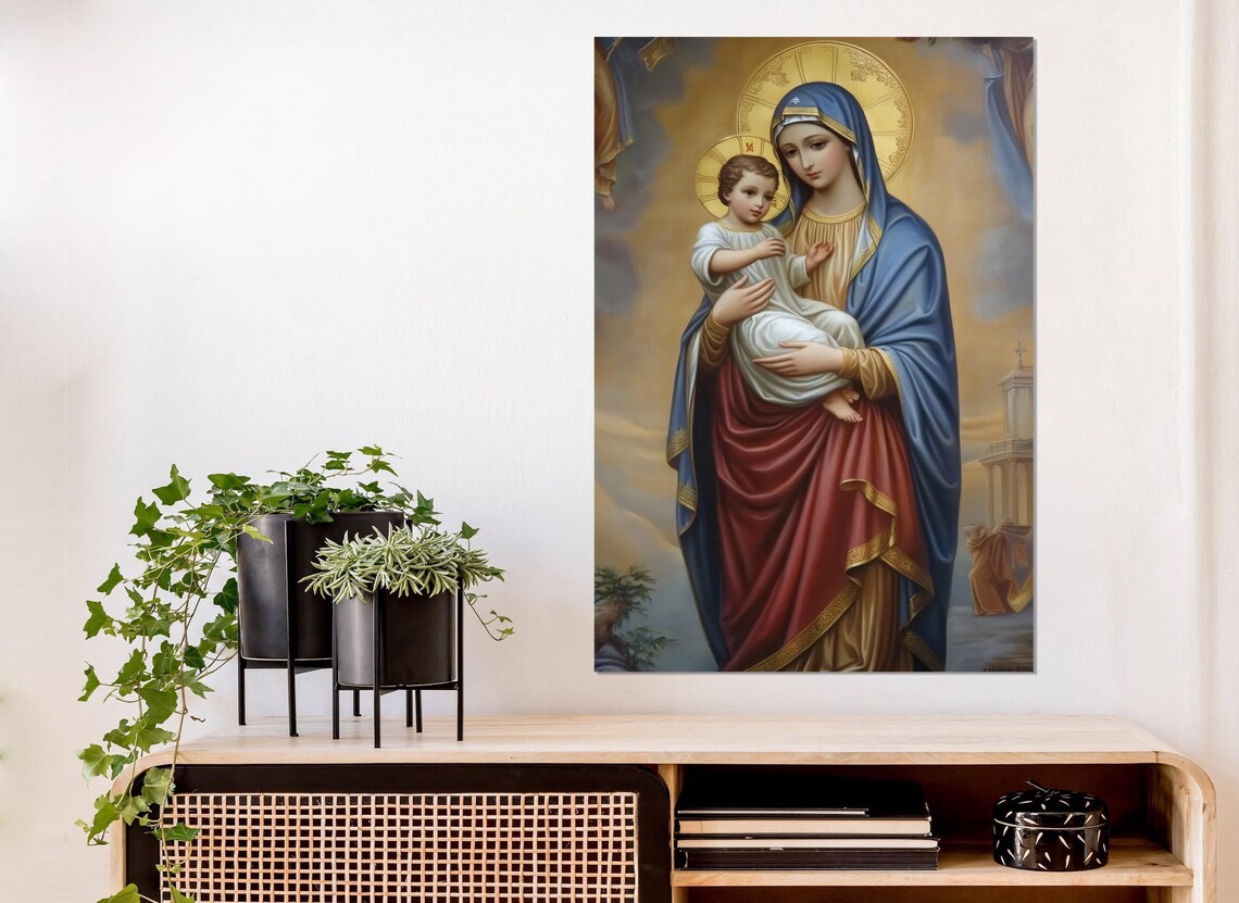 Virgin Mary Holding Baby Jesus Golden Halo Traditional Catholic Painting Poster - Image 4